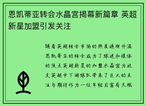 恩凯蒂亚转会水晶宫揭幕新篇章 英超新星加盟引发关注